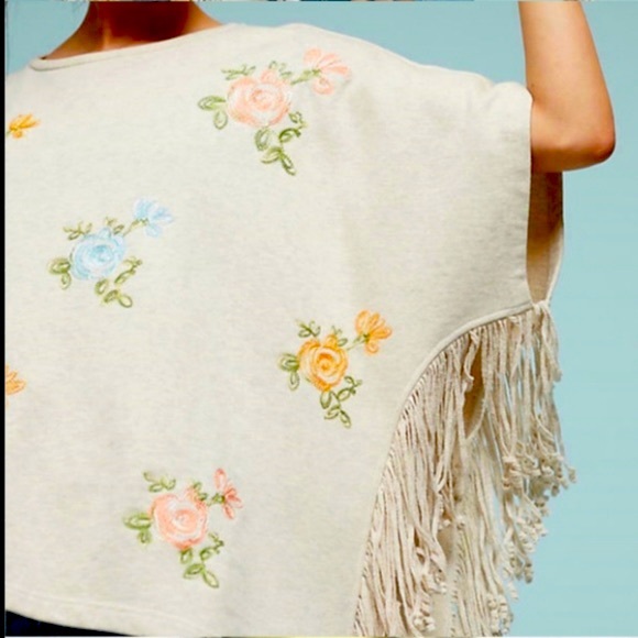 Anthropologie Swingy Fringe Poncho with Embroidered Flowers - Picture 2 of 7